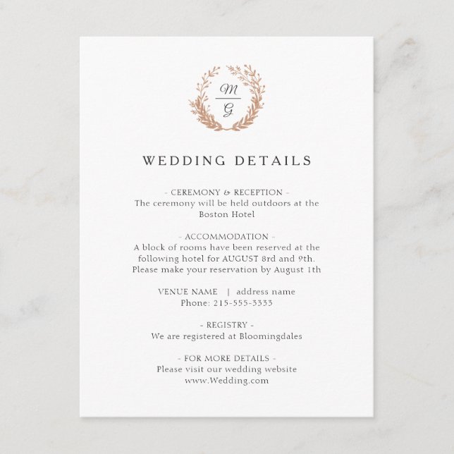 Guldkrans med monogram. Bröllopsdetaljer Tilläggskort (Framsida)