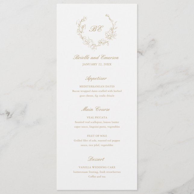 Guldkransmonogram Elegant Bröllop Meny (Framsida)