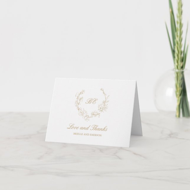 Guldkransmonogram Elegant Bröllop Tack Kort (Framsida)