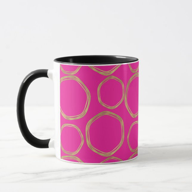Guldkretsar & varmt rosa ljust rolig modern trendi mugg (Vänster)