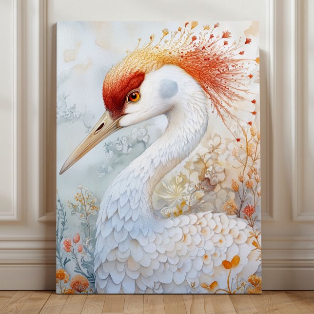 Guldkronad trana Elegans – Whimsisk Fågelkonst Canvastryck (Golden-Crowned Crane Elegance – Whimsical Bird Art with Botanical Florals by Nicole Cossairt)