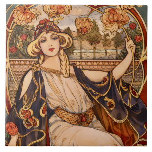 Guldkrysantemum Muse – Art Nouveau Blommig Kakelplatta