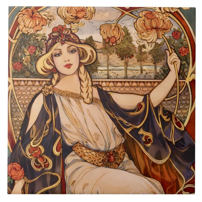 Guldkrysantemum Muse – Art Nouveau Blommig  Kakelplatta (Framsidan)