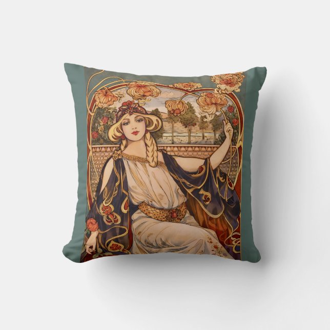 Guldkrysantemum Muse – Art Nouveau Blommig  Kudde (Framsida)