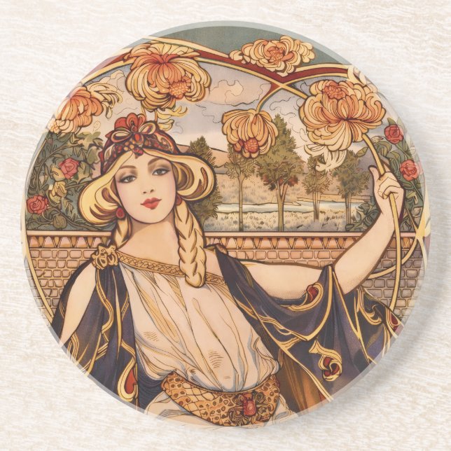 Guldkrysantemum Muse – Art Nouveau Blommig  Underlägg (Framsidan)
