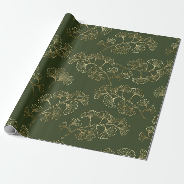 Guldlinje Botaniskt Mönster Presentpapper (Utrullad)