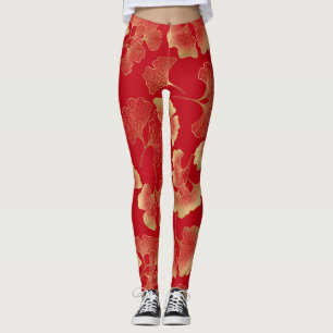 Guldlönnblad på röd elegant botanisk (7) leggings