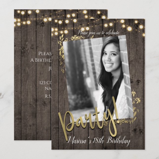 Guldlöv Ljusstakar Rustik Mörkt Trä Födelsedagsfes Inbjudningar (Fram/baksida)