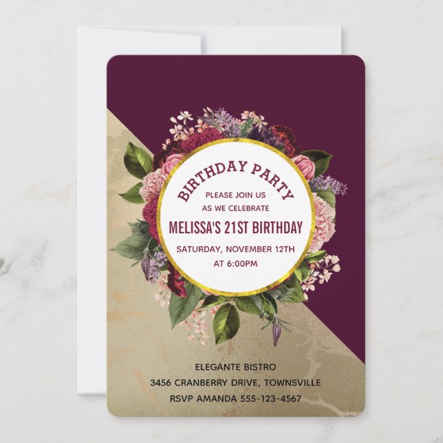 Guldmarmor Mönster och Burgunderröda Blommiga Föde Inbjudningar (Framsida)