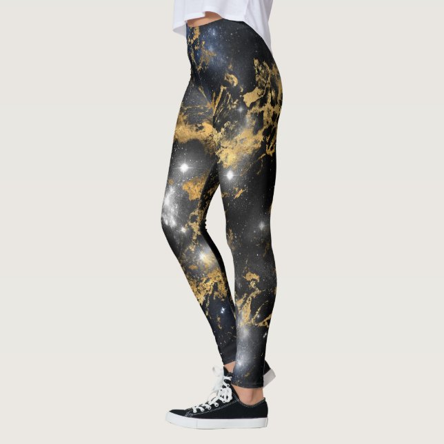 Guldmarmor Mörk Stjärnklar Natt Rymdälskare Galax Leggings (Vänster)