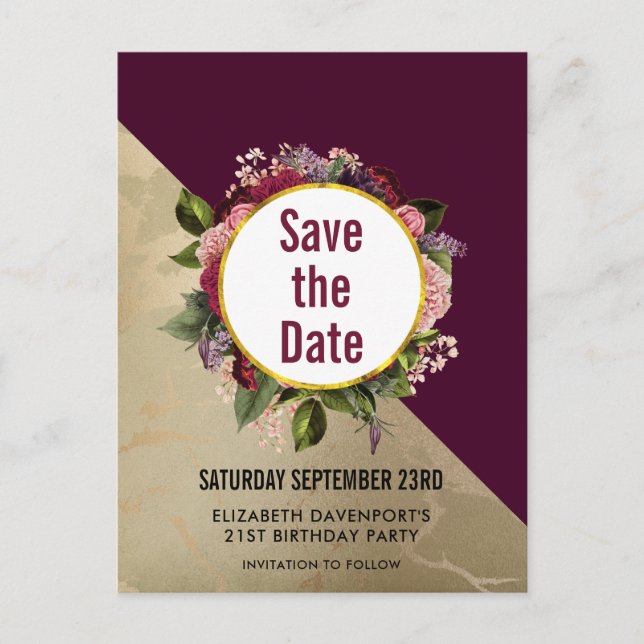Guldmarmor och burgundisk blomster Save the Date Vykort (Framsida)