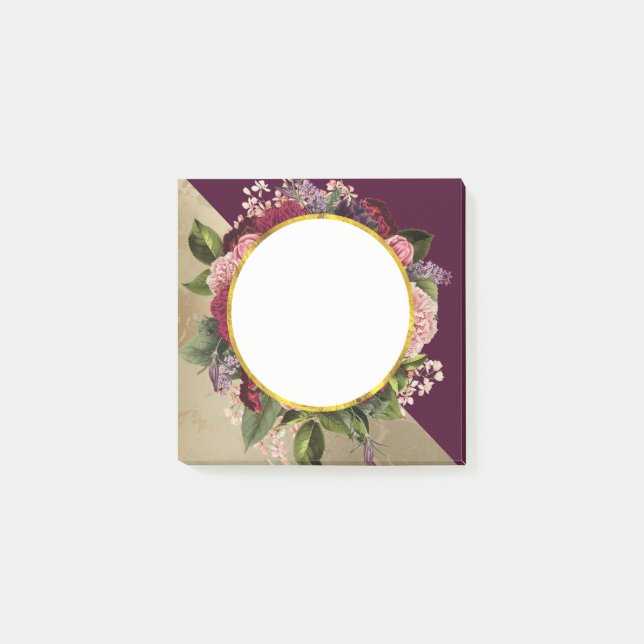 Guldmarmorerat mönster och burgunderröda blommor post-it block (Framsida)