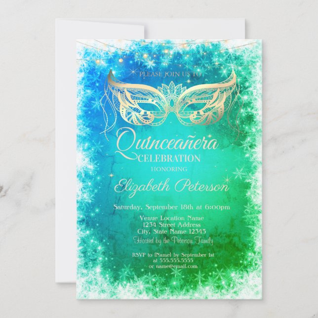 Guldmask Snöflingor Grön Quinceanera Inbjudningar (Framsida)