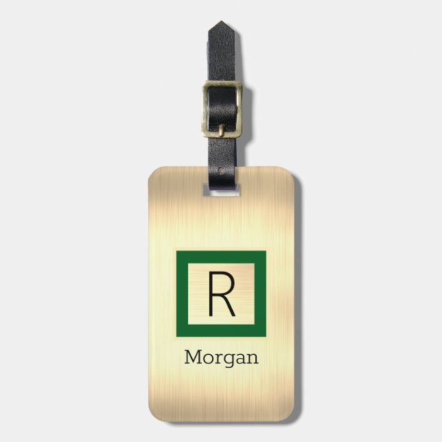 Guldmetall, svart namn & monogram, grön låda bagagebricka (Vertikal Framsida)
