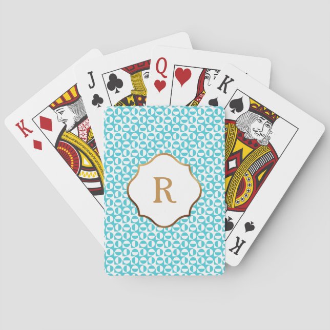 Guldmonogram Aqua & Vit Diagonalt Retro-mönster Casinokort (Baksidan)
