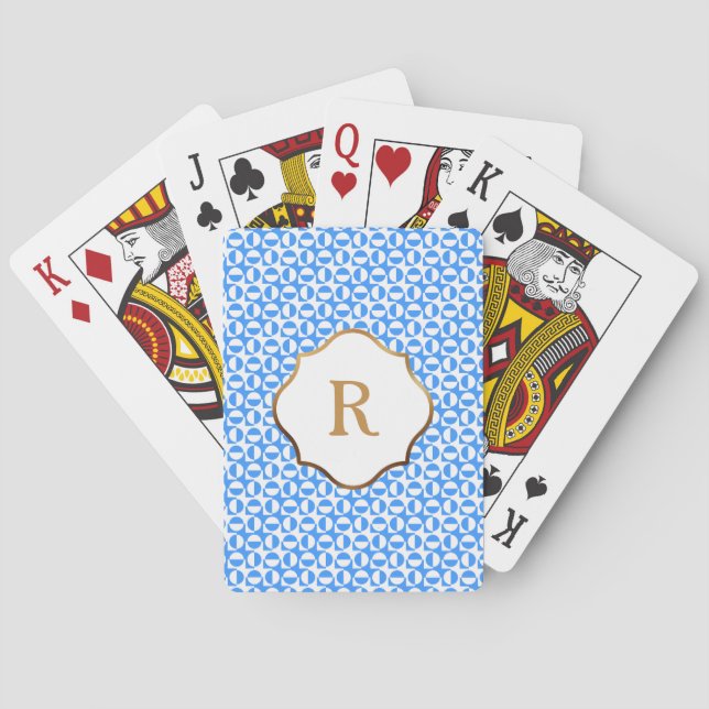 Guldmonogram Blå & Vit Diagonal Retro Mönster Casinokort (Baksidan)