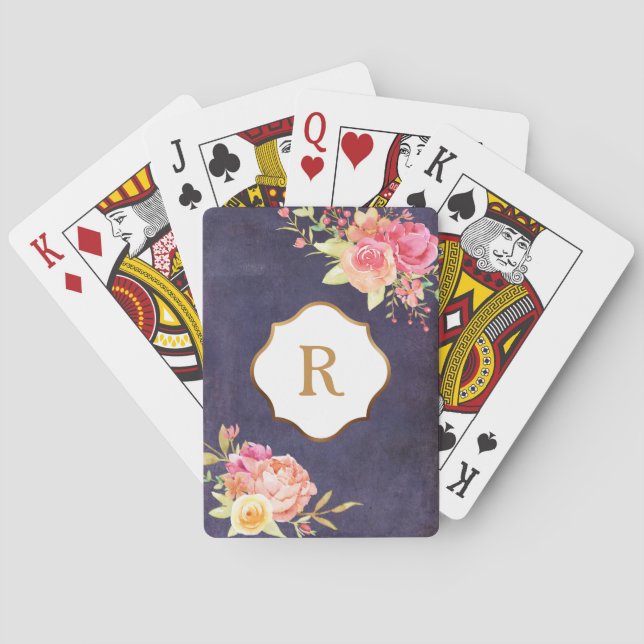 Guldmonogram & blommor på gammal lila textur casinokort (Baksidan)