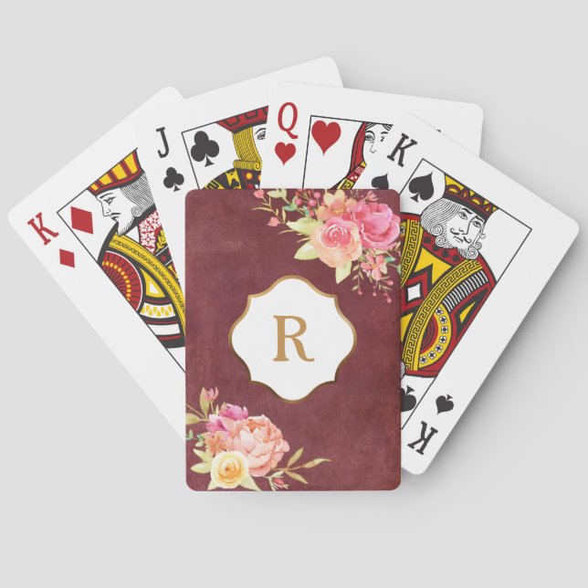 Guldmonogram & blommor på gammal röd textur casinokort (Baksidan)