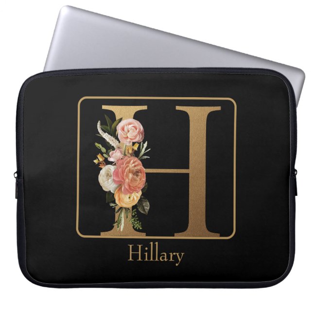 Guldmonogram blommor på svart med namn laptop fodral (Framsidan)