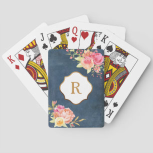 Guldmonogram Blommor Vintageblå Textur Casinokort