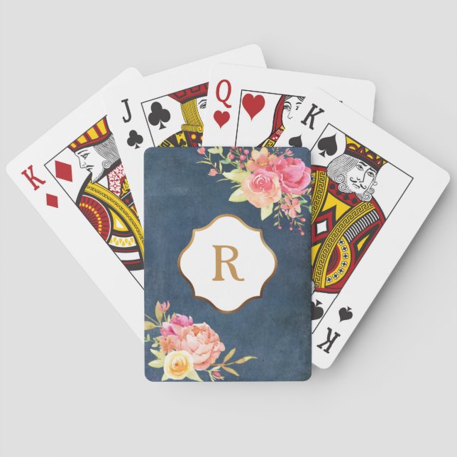 Guldmonogram Blommor Vintageblå Textur Casinokort (Baksidan)