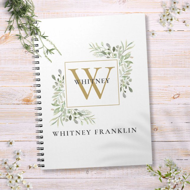 Guldmonogram Elegant Eukalyptusgrönska Anteckningsbok (Gold Monogram Elegant Eucalyptus Greenery Notebook)
