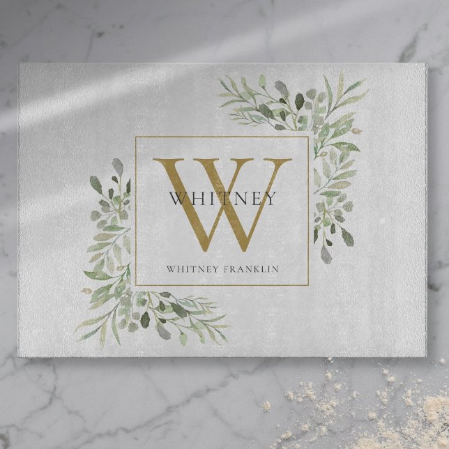 Guldmonogram Elegant Grönska Lövverk (Gold Monogram Elegant Greenery Foliage Cutting Board)
