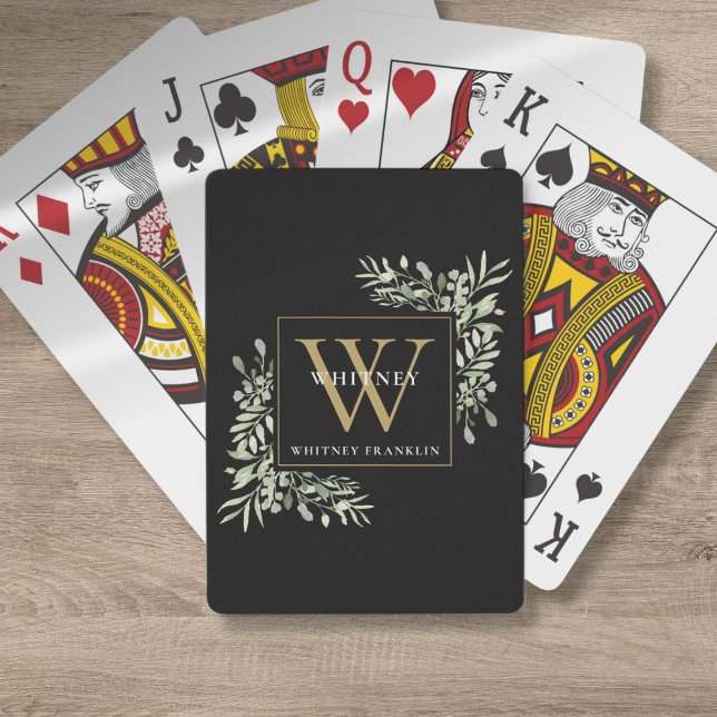 Guldmonogram Elegant grönska Modern svart Casinokort (Gold Monogram Elegant Greenery Modern Black Poker Cards)