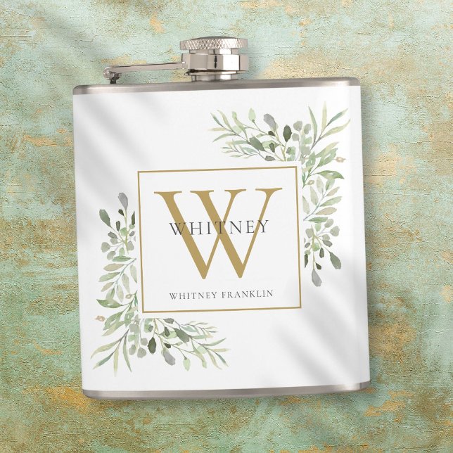 Guldmonogram Elegant Modern Grönska Fickplunta (Gold Monogram Elegant Modern Greenery Flask)