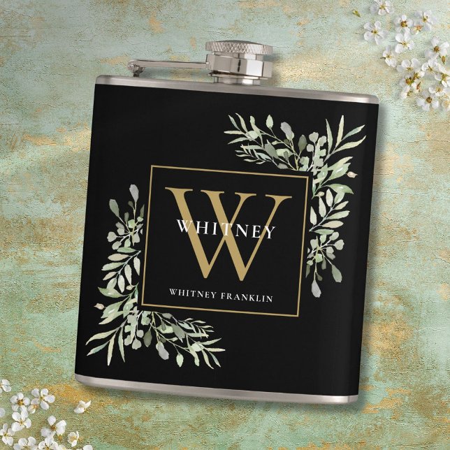 Guldmonogram Elegant Modern Grönska Svart Fickplunta (Gold Monogram Elegant Modern Greenery Black Flask)