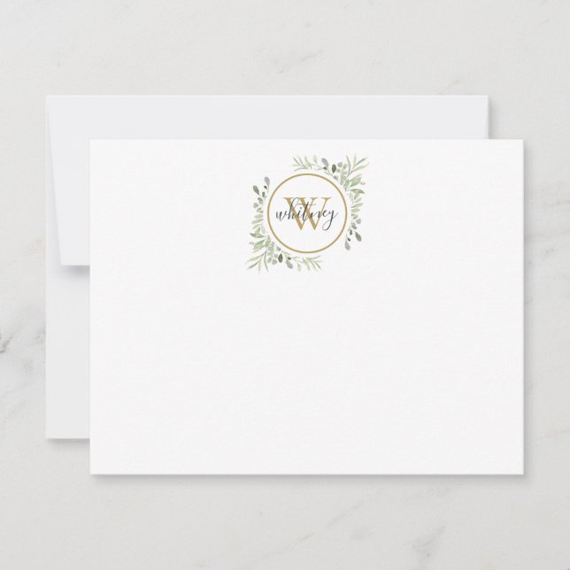 Guldmonogram Elegant Skript Grönska Anteckningskort (Framsida)
