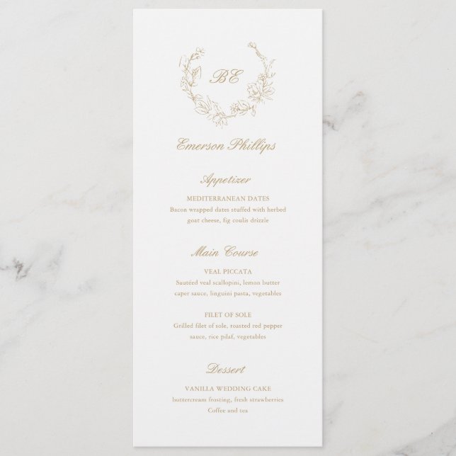 Guldmonogram Gästnamn Elegant Bröllop Meny (Framsida)