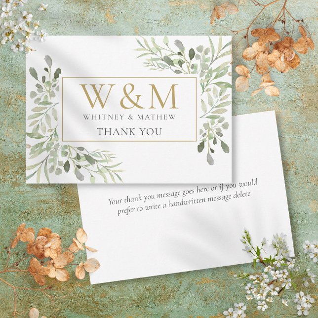 Guldmonogram Grönsaklighet Elegant Tack Kort (Gold Monogram Greenery Elegant Thank You Card)