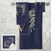 Guldmonogram Grönska Blommig Marinblå