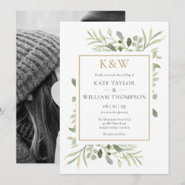 Guldmonogram Grönska Foto Bröllop Inbjudningar