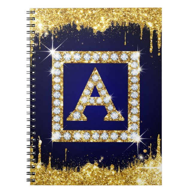 Guldmonogram Initial A Med Blått Glitter Anteckningsbok (Framsidan)