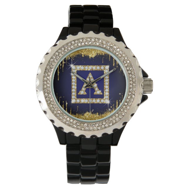Guldmonogram Initial A Med Blått Glitter Armbandsur (Framsida)