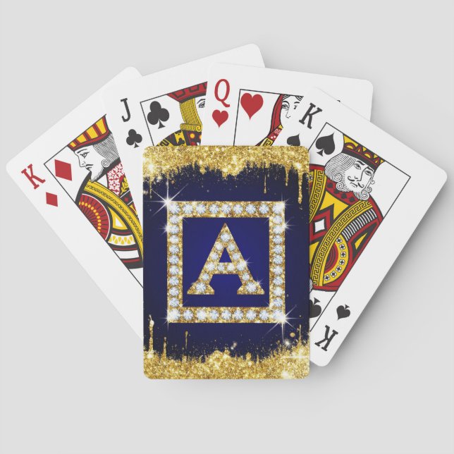 Guldmonogram Initial A Med Blått Glitter Casinokort (Baksidan)