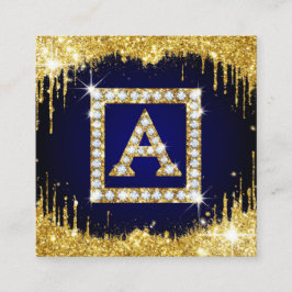 Guldmonogram Initial A Med Blått Glitter Fyrkantigt Visitkort