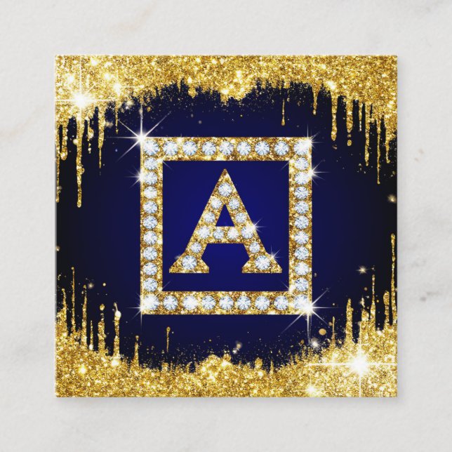 Guldmonogram Initial A Med Blått Glitter Fyrkantigt Visitkort (Framsida)
