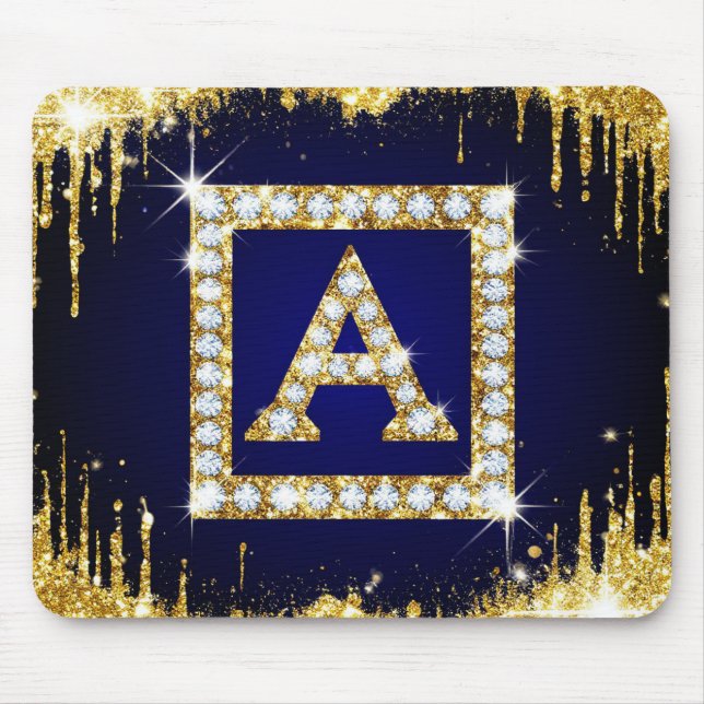 Guldmonogram Initial A Med Blått Glitter Musmatta (Framsidan)
