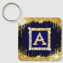 Guldmonogram Initial A Med Blått Glitter Nyckelring