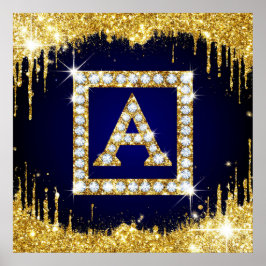 Guldmonogram Initial A Med Blått Glitter Poster