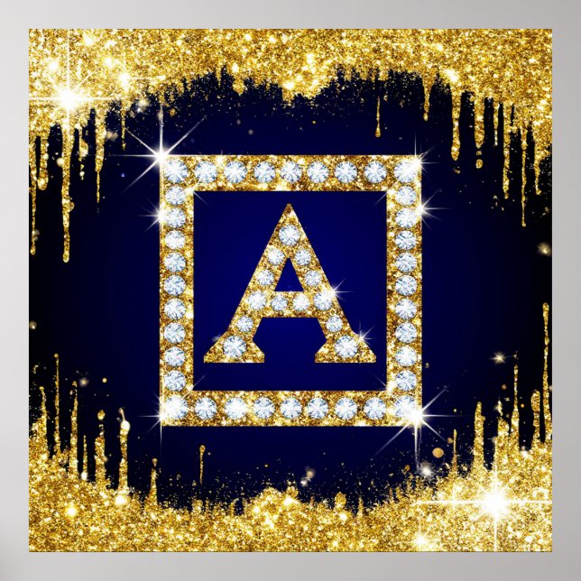 Guldmonogram Initial A Med Blått Glitter Poster (Framsidan)