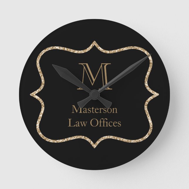 Guldmonogram Initial Namn Svart Guld Professionell Rund Klocka (Framsida)