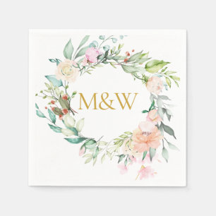 Guldmonogram Initialer Rosor Girland Blommig Pappersservett