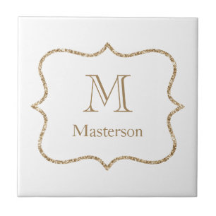 Guldmonogram Initialt Namn Vitt Guld Trendigt Kakelplatta