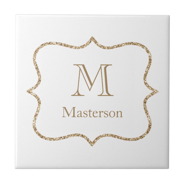 Guldmonogram Initialt Namn Vitt Guld Trendigt  Kakelplatta (Framsidan)