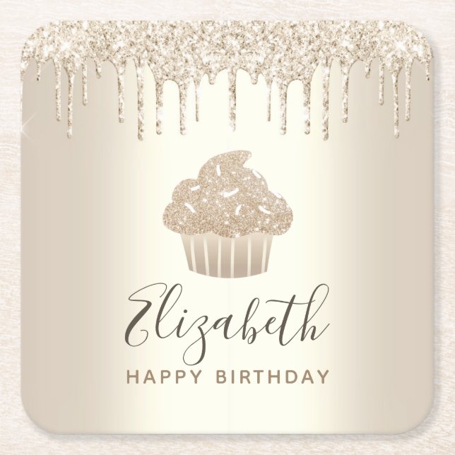 Guldmonogram namnet cupcake glitterdroppar skrift underlägg papper kvadrat (Framsidan)