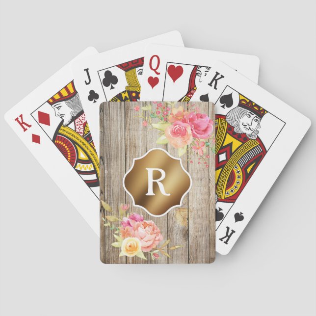 Guldmonogram på rosa blommor och rustikt trä casinokort (Baksidan)